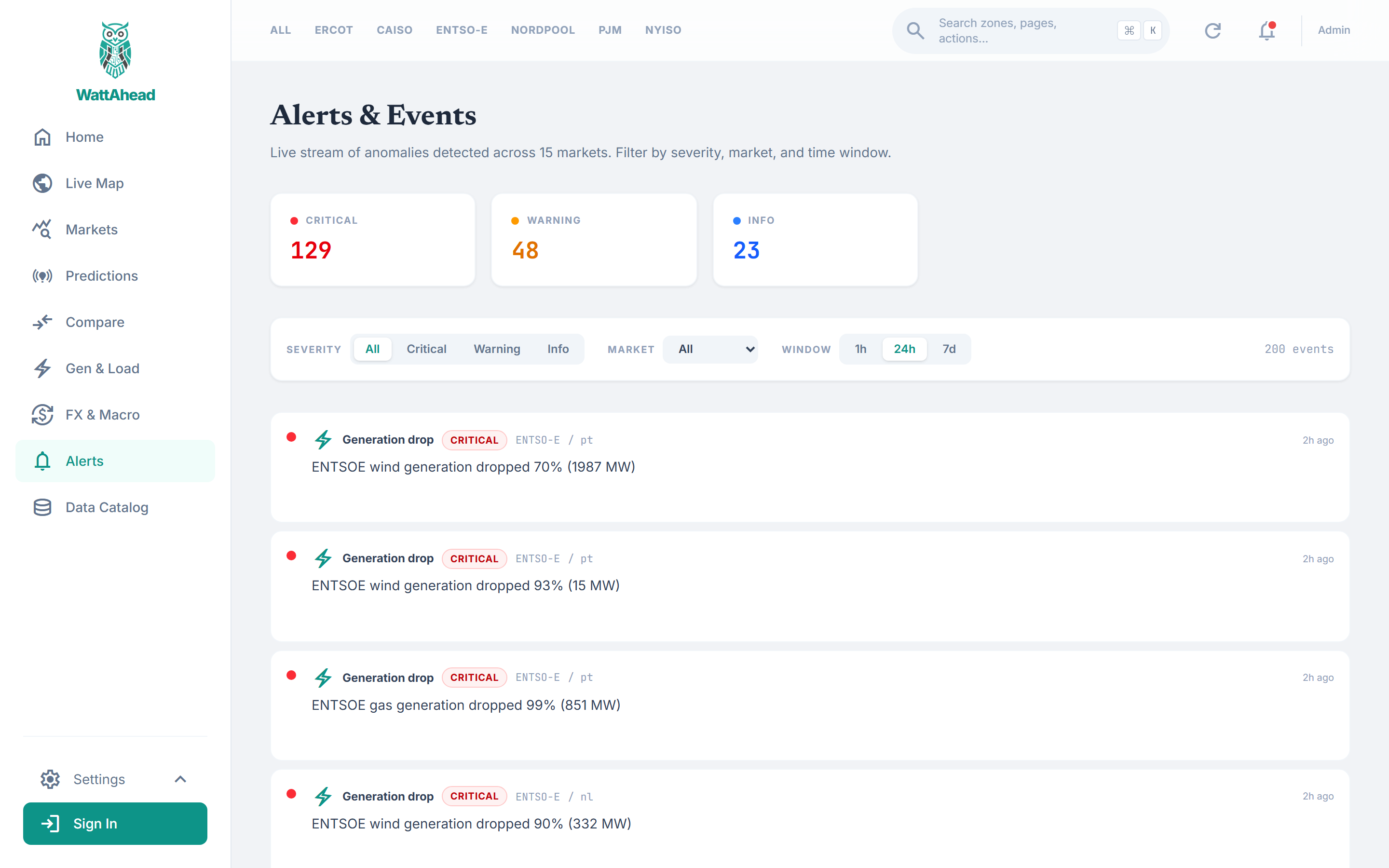 Live event feed with severity filters